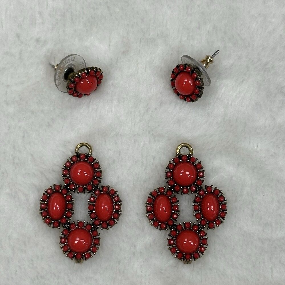 Stella & Dot Red Statement Drop Dangle Earrings Gold‎ Tone Cabochon